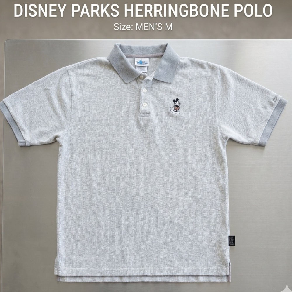 Disney Parks Mickey Mouse Herringbone Polo Shirt Grey Vintage Style Men's M